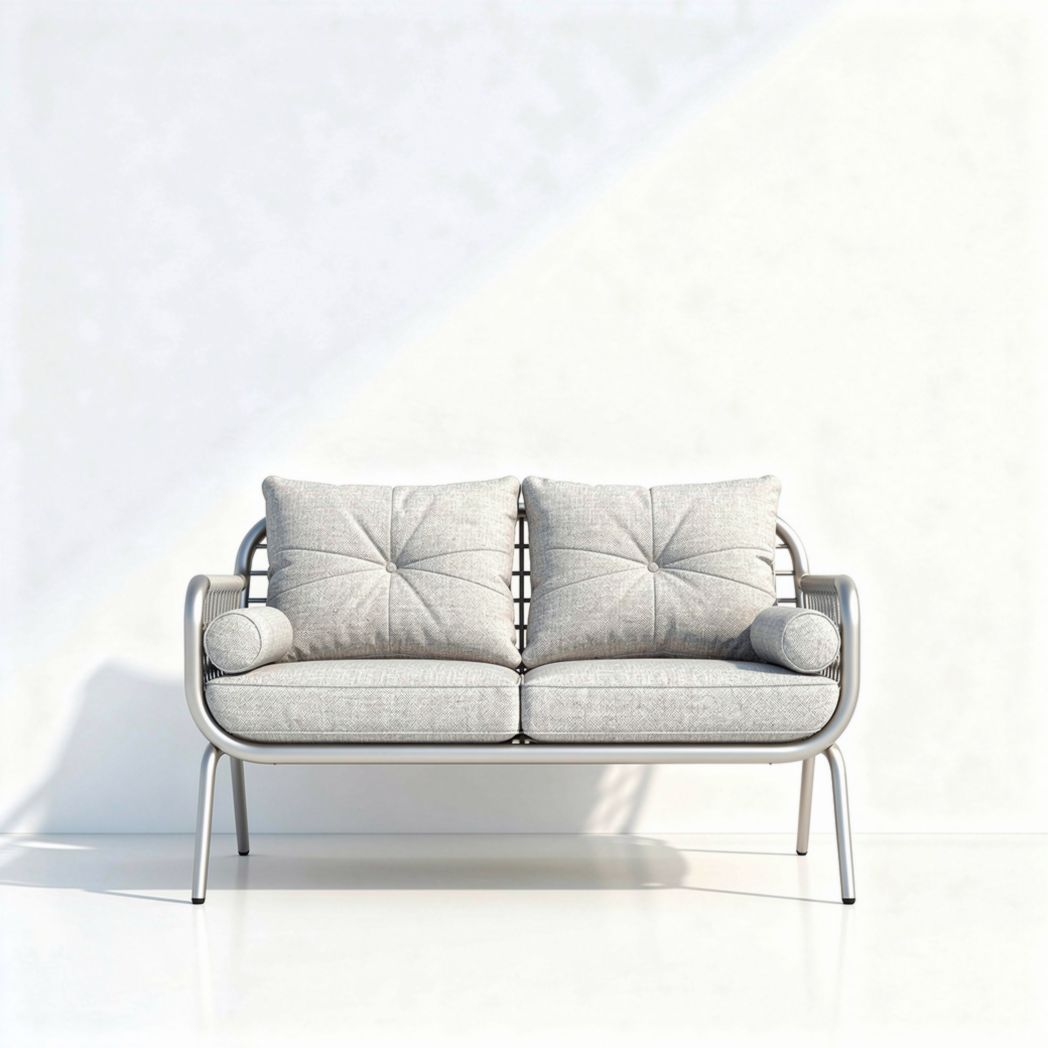 Canapé deux places en métal argenté avec coussins en tissu gris 150 x 70 x 70cm
