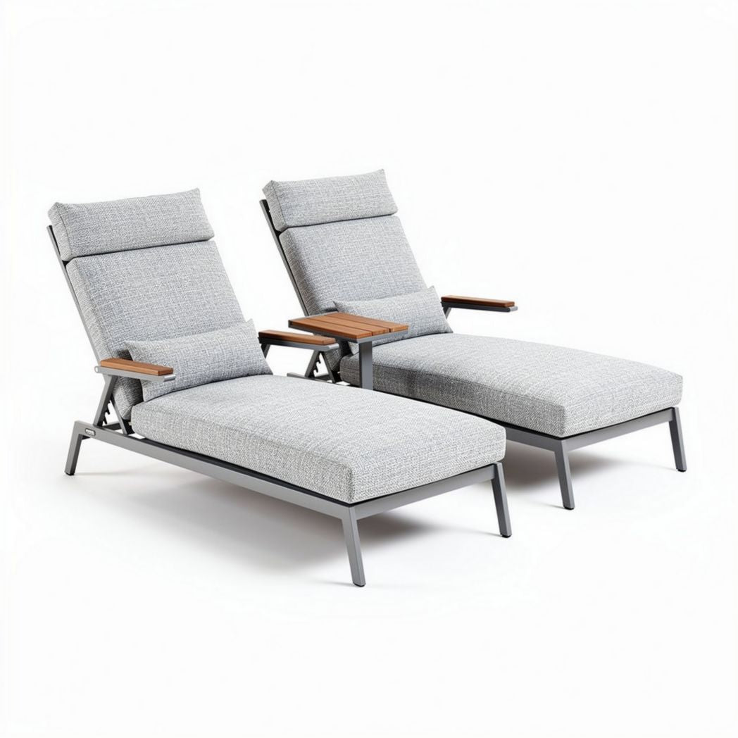 Chaise longue en aluminium gris avec coussins et accoudoirs en bois 190 x 70 x 40cm