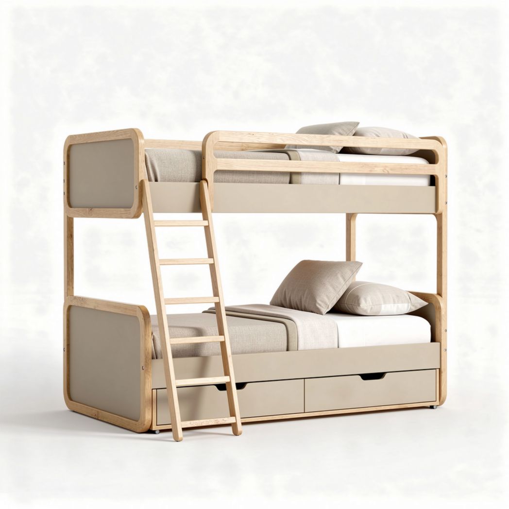 Lit superposé en bois naturel avec tiroirs de rangement beige 200 x 100 x 160cm